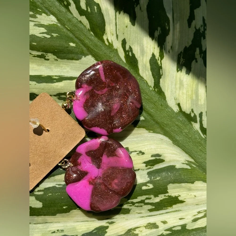 Polymer clay flower Pink and Brown Dangle Earrings - Picture 6 of 12